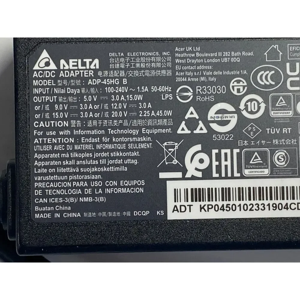 Delta Acer 45W USB C Laptop Charger ADP 45HG B Power Adapter Pre Owned